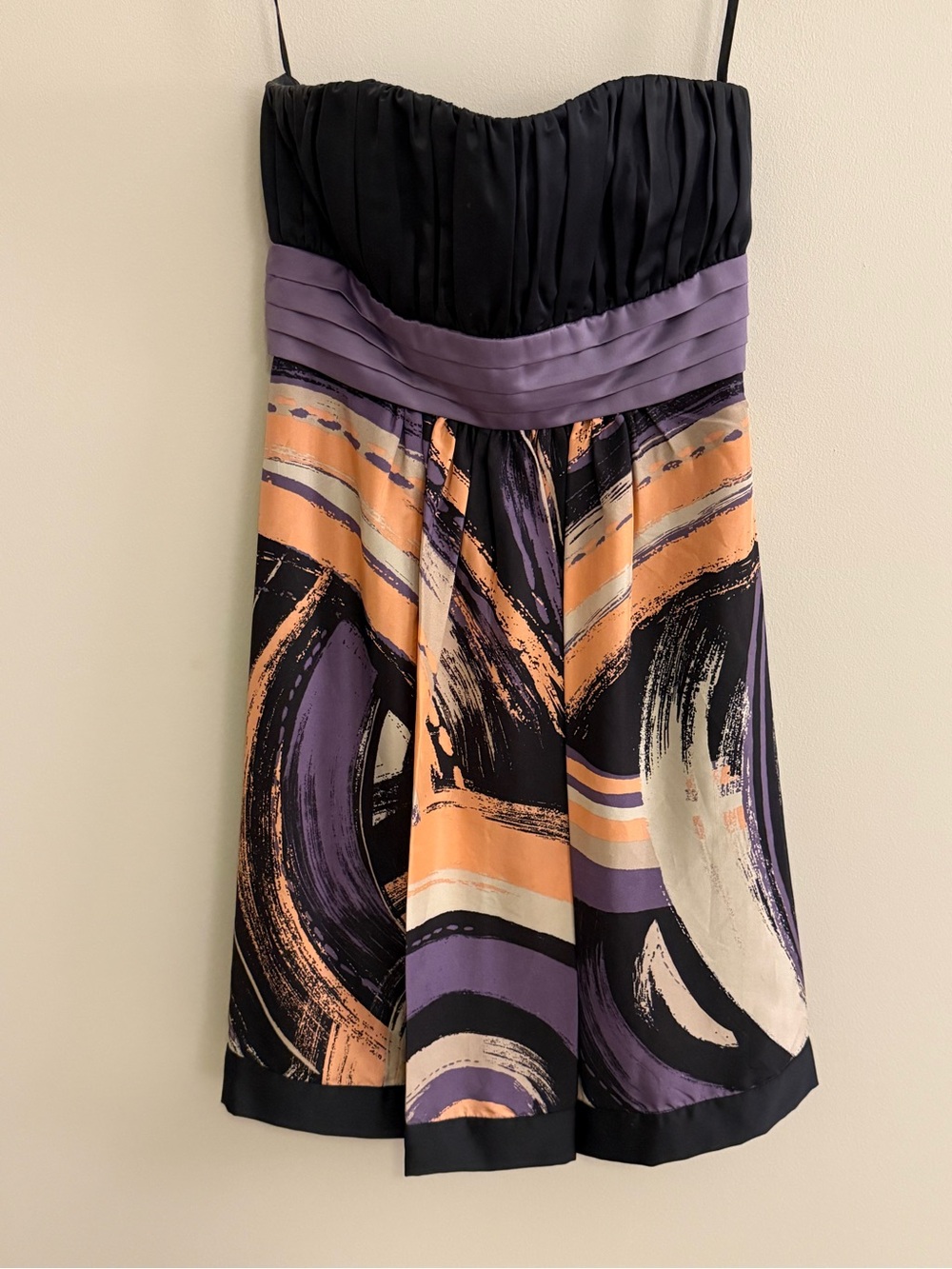 BCBG Strapless Black Bodice Dress with Purple and Peach Abstract Print